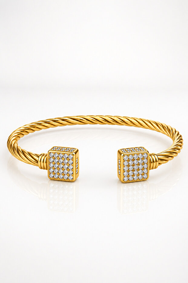 Twisted Square Pavé Gold Cuff Bracelet – Gold Cable Design with Zircon Stones