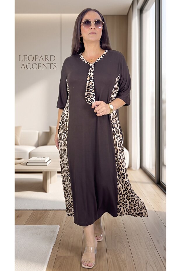 Leopard Printed Pocketed Full Lycra V-Neck Plus Size Cotton Viscose Summer Dress