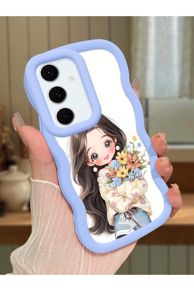 Samsung Galaxy S24 Fe Compatible Case Camera Protector Blue Silicone Couple Phone Case Girl Pattern