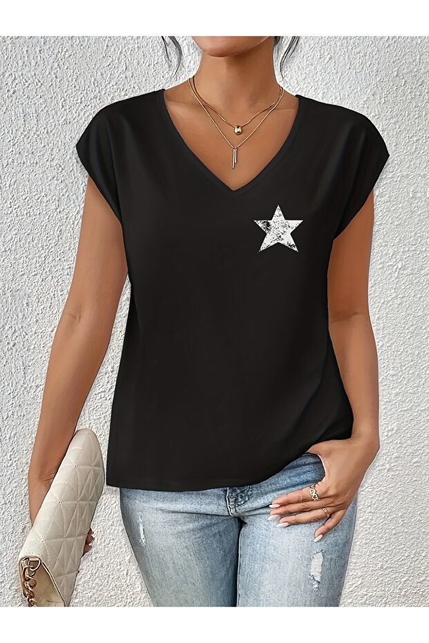 Women's Mix Printed V-Neck Sleeveless Regular Fit Comfortable T-Shirt