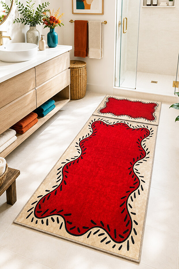 Orchat Orange 60X100 50X60 Non-Slip Base 2-Piece Bathroom Mat Set