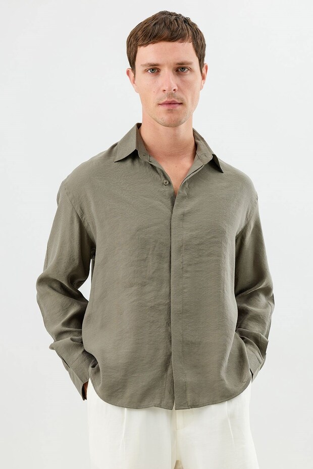 Khaki Modal Blend Crop Fit Men's Shirt