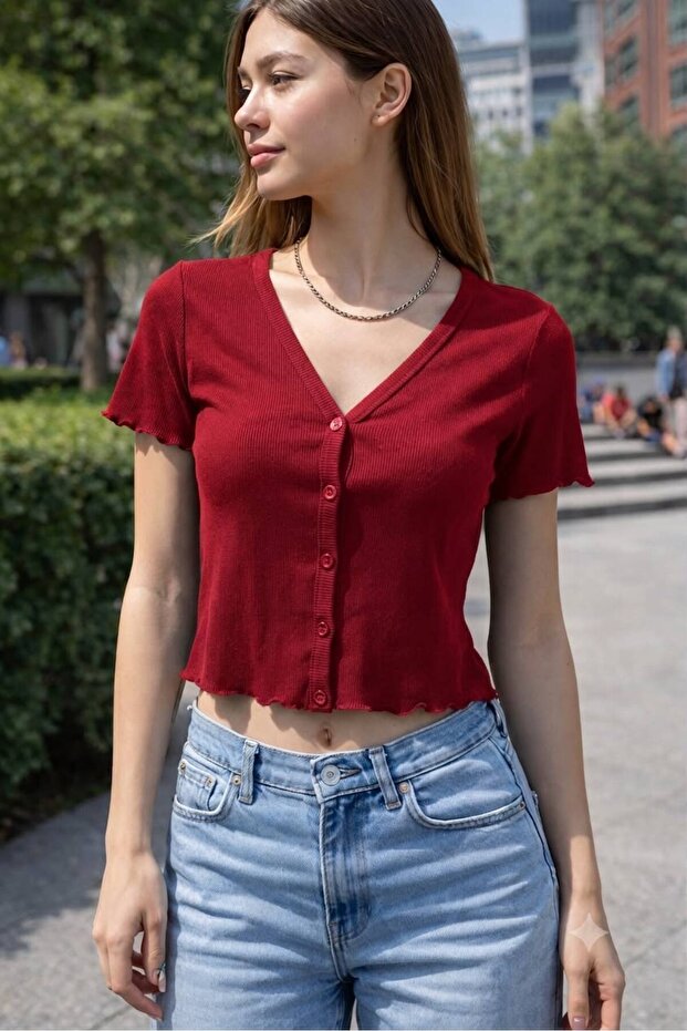 Red Crop Buttoned Front Short Sleeve Top