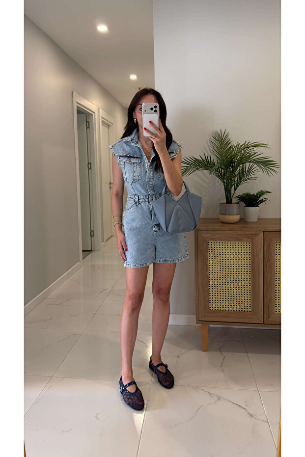 Sores Snow Washed Staple Detailed Sleeveless Shorts Jumpsuit