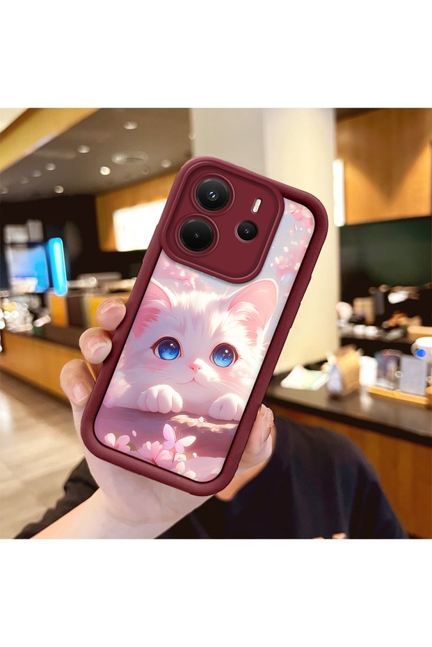Xiaomi Redmi Note 14 4g Compatible Case Camera Protector Burgundy Silicone Couple Phone Case Cat Pattern