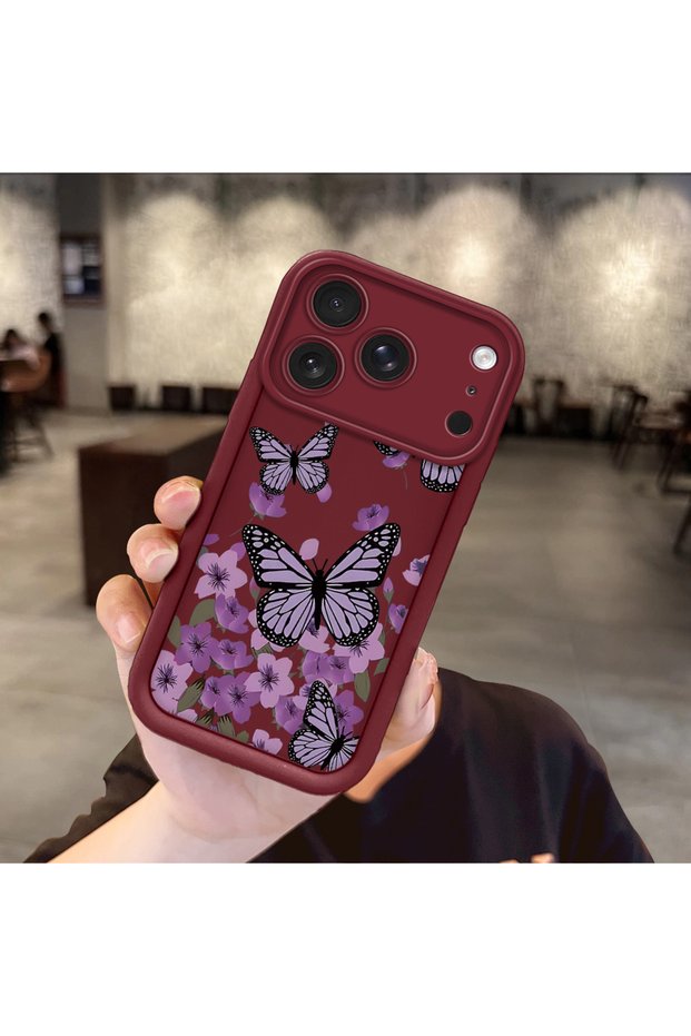 iPhone 17/18 Pro Compatible Case Camera Protector Burgundy Silicone Couple Phone Case Butterfly Pattern