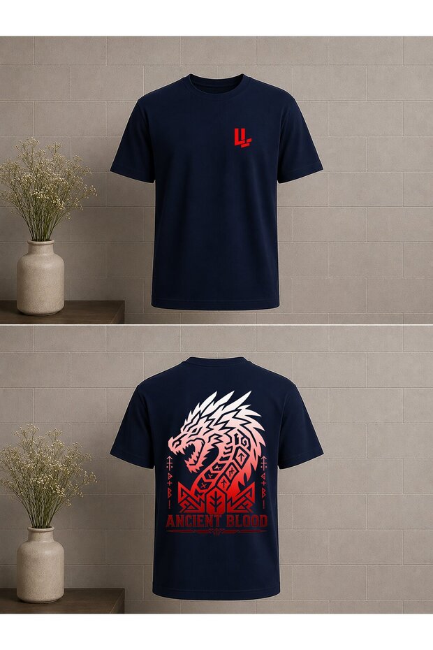 تي شيرت مطبوع بتصميم Dragon Ancient Blood Red مقاس كبير