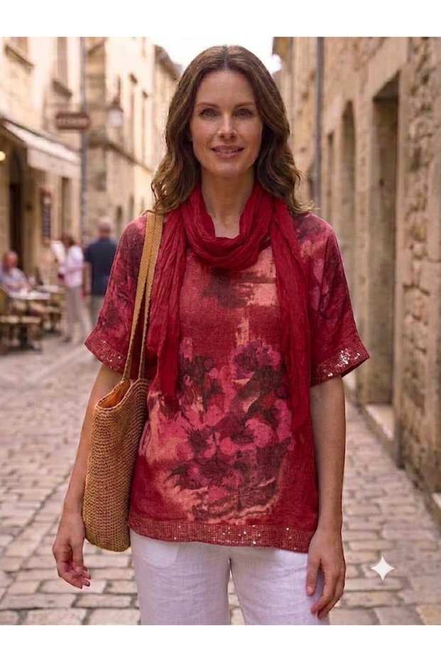 Women's Italian Daffodil Floral Patterned Sleeve and Hem Fringe Sequin Detailed Loose Blouse with Scarf