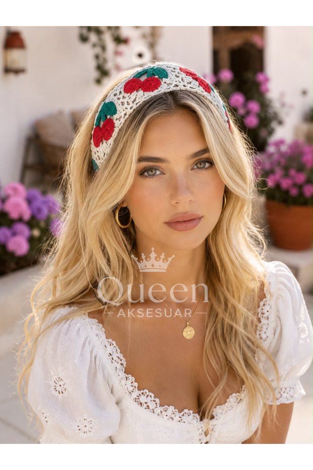Luxury Trend Wide Weave Cherry Fruit Pattern Crown Hair Band Colorful Bohemian Women's Children's Tiara Knitted Crown