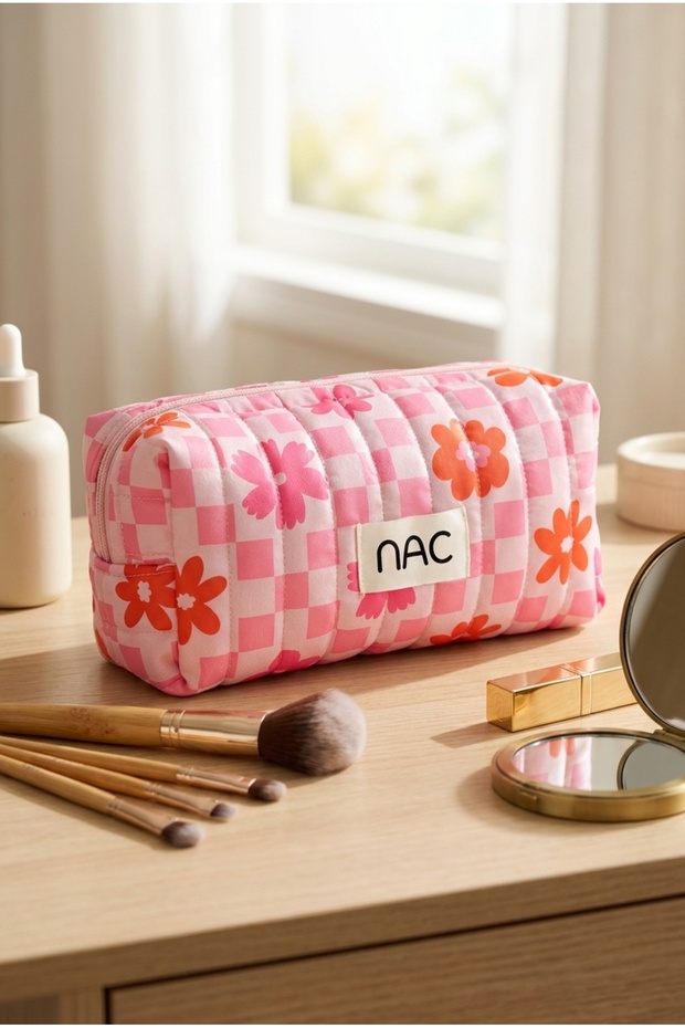 Checkered Pink Floral Large Size Makeup Bag