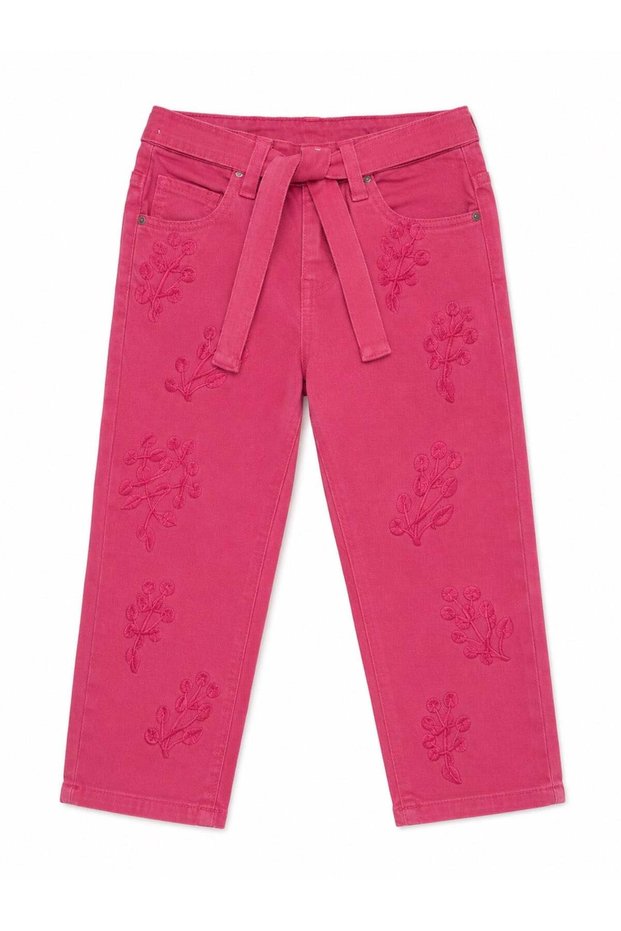 Girl's Floral Embroidered Gabardine Trousers 2-8 Years Red