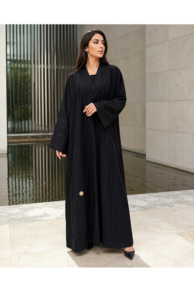 Black Embellished Open-Front Straight Fit Abaya
