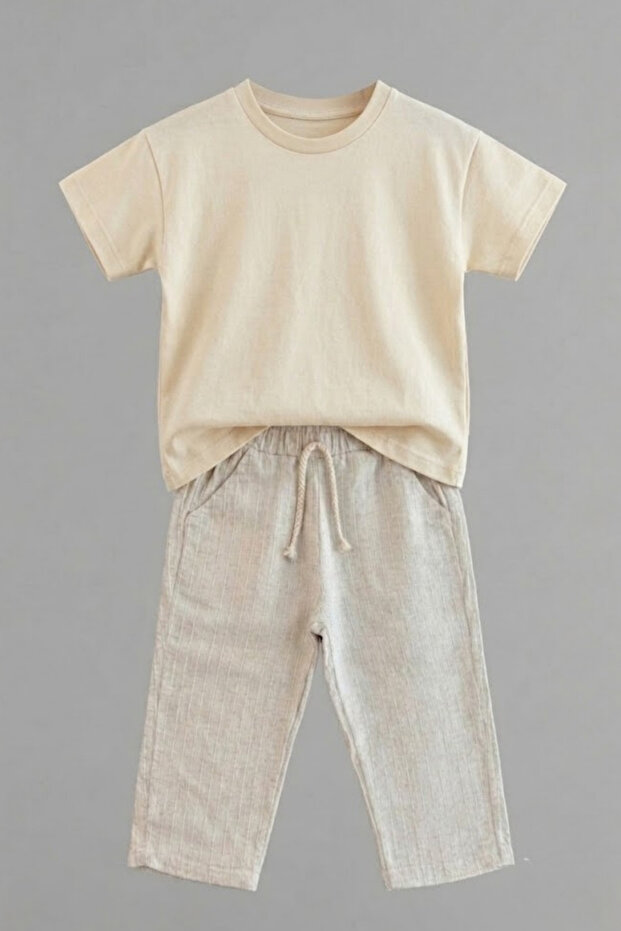 Children's 100% Cotton Linen Trousers and Interlock T-Shirt Two-Piece Set