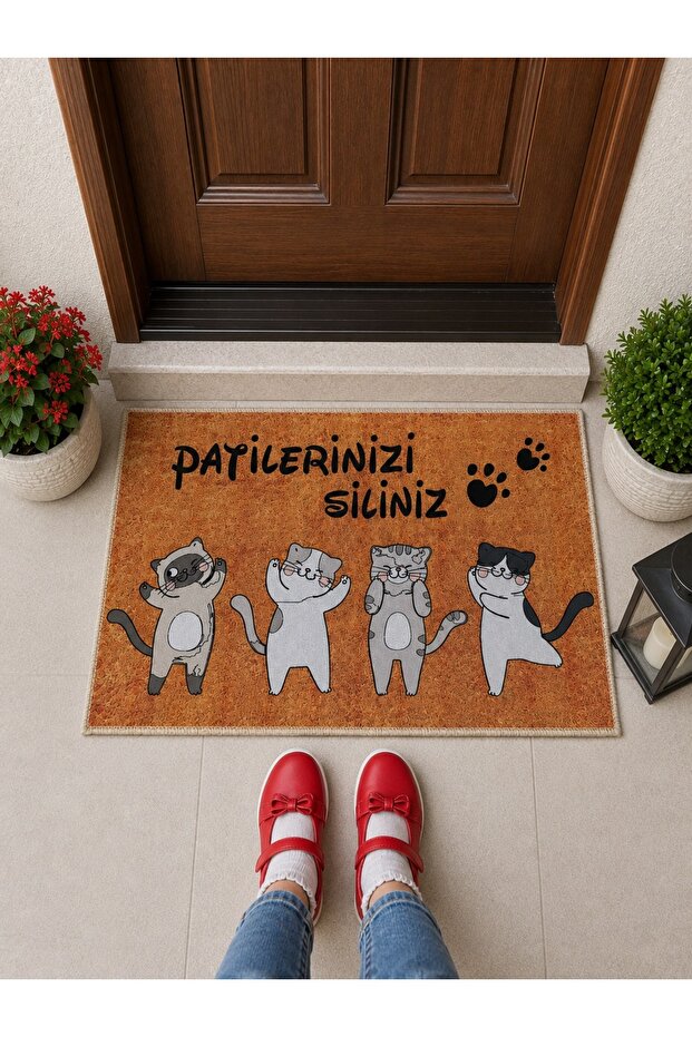 Retro Design Decorative Door Mat with Paws and Friends Figures 40X60Cm