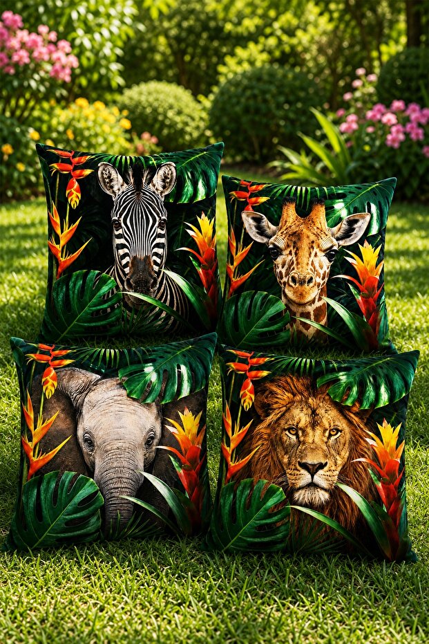 Amazon and African Animals Patterned 4-Piece Throw Pillow Cover Set