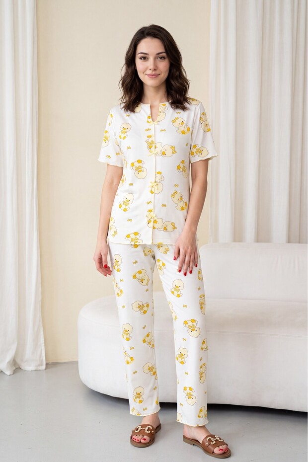 Mixed Figure Patterned V-Neck Short Sleeve Combed Cotton Pajama Set with Bow on the Front -Ecru