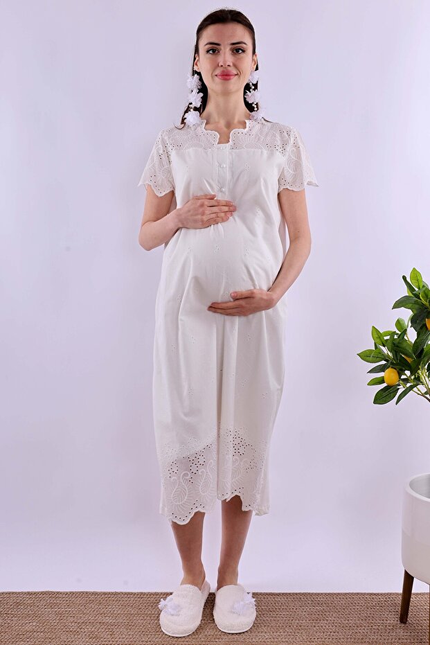 100% Cotton Scalloped Fabric Maternity Nightgown Effortt - Ecru