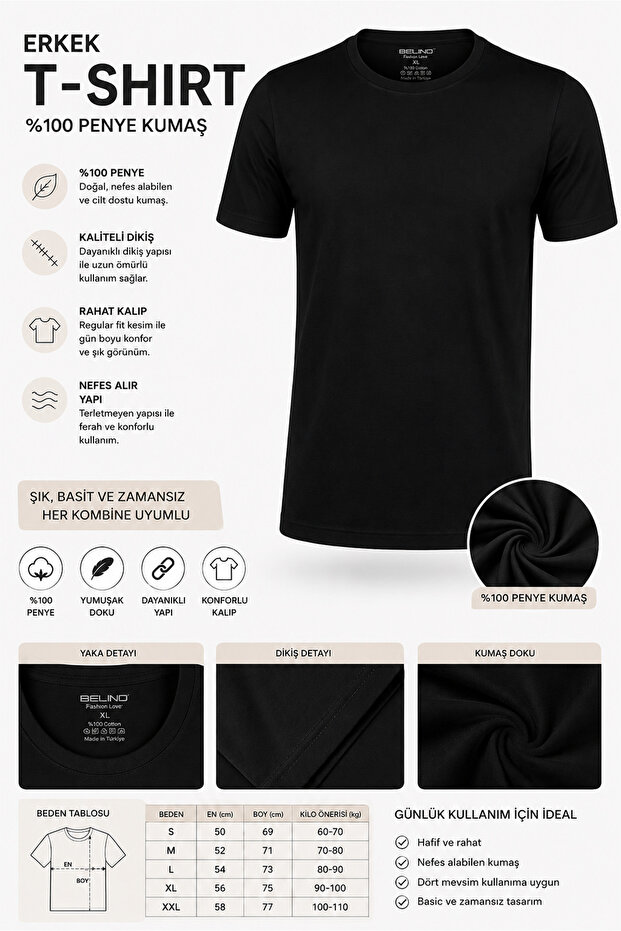 Men's Basic Black T-Shirt 100% Cotton Combed Regular Fit Crew Neck Short Sleeve