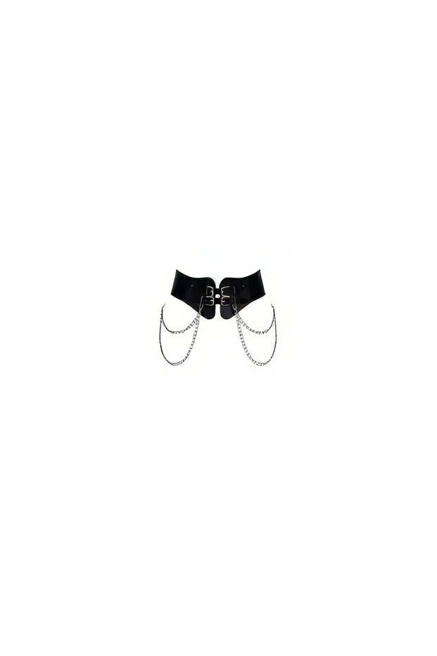 Black Leather Corset Waist Belt with Chain Detail