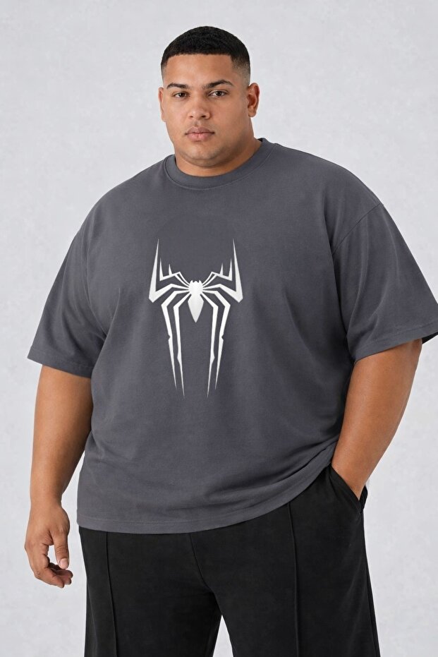 Large Size Men's Oversize Spider Printed Crew Neck T-Shirt