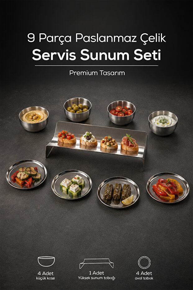 9-Piece Stainless Steel Breakfast and Presentation Set, Serving Plate, Bowl, and Snack Bowl