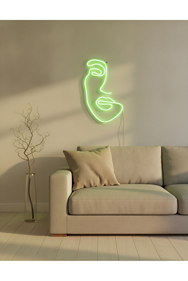 Soyut Yüz Figürlü LED Neon Duvar Tablosu | Yeşil Aydınlatmalı Modern Dekor | Salon - 1