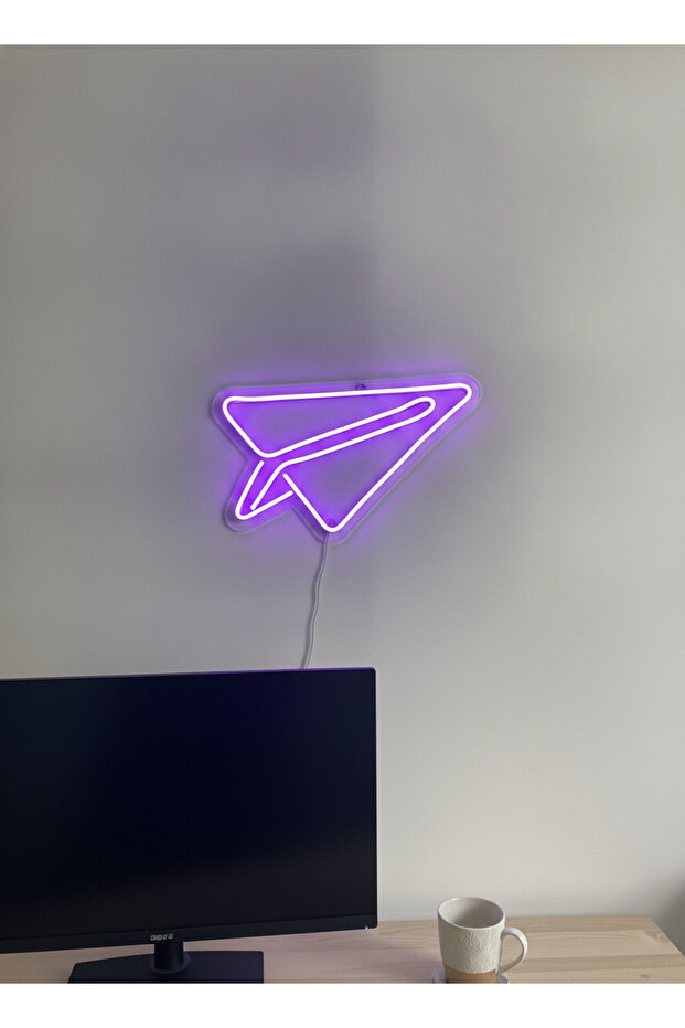 Kağıt Uçak Figürlü LED Neon Duvar Tablosu | Mor Aydınlatmalı Modern Dekor | Genç Odası - 5