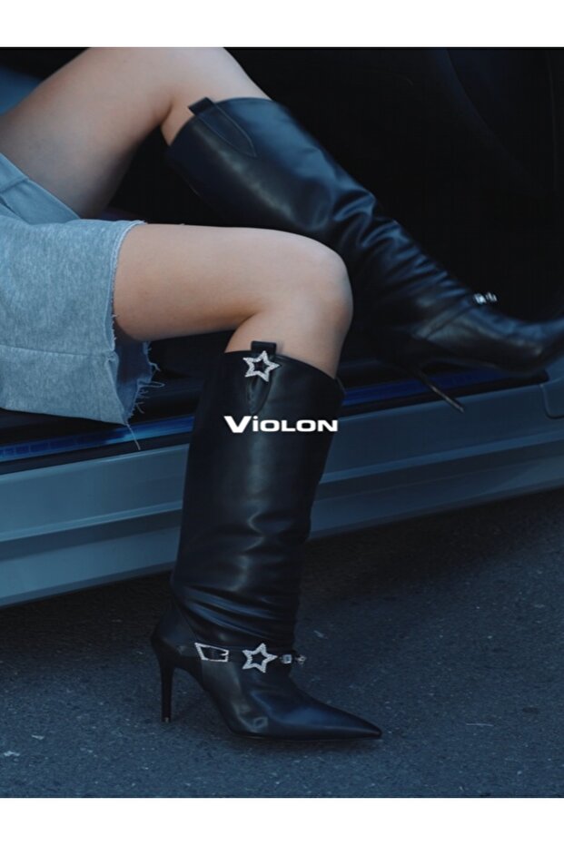 Black Rosé Star Belt Detail Below the Knee Boots