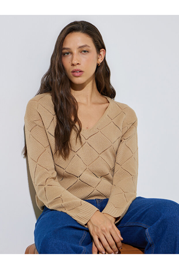 Khaki Pointelle Diamond Pattern Knit Top