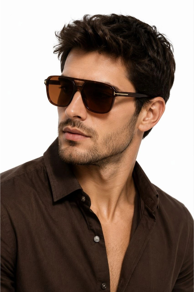 Men's Square Pilot Design Sunglasses Brown Frame Brown Glass