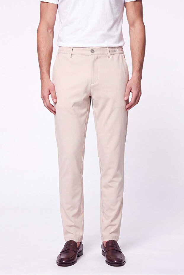 Comfort Fit Elastic Waist Flexible Cotton Beige Jogger Pants P 1222