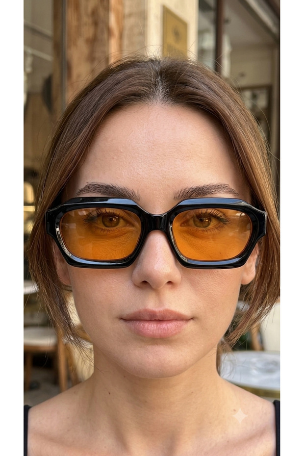 Women's Black Framed Orange Glassed Cornered Stylish Sunglasses