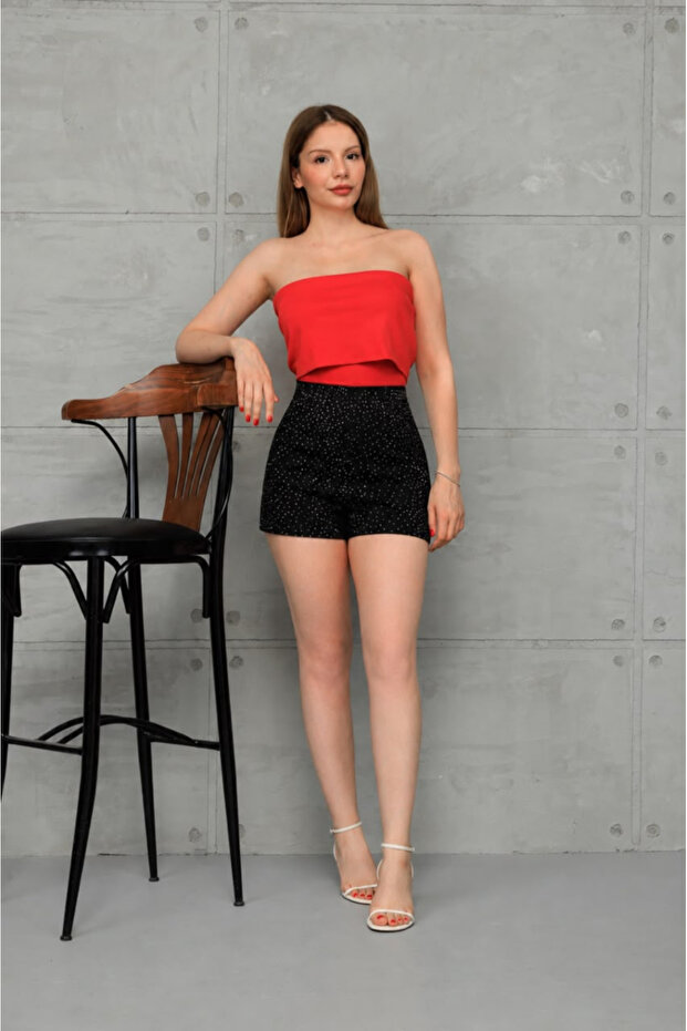 Black Stone Pleated Mini Shorts