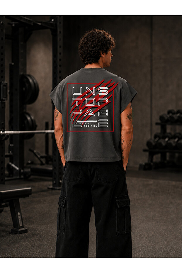 Gym Athlete Unstoppable Printed Oversize Worker Boxy Fit Sleeveless Crew Neck T-Shirt
