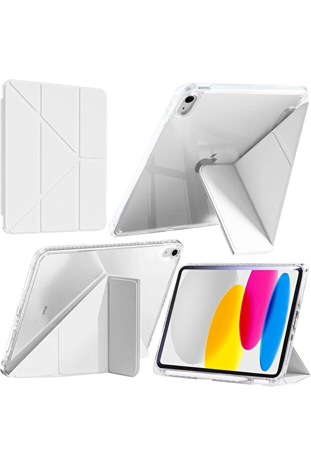 AASHZ Case Compatible for iPad (A16) 11th/10th Generation (2025/2022) Shockproof Clear Cover with Pencil Holder & Adapter Storage, 6-in-1 Y-Shaped Trifold Stand, White