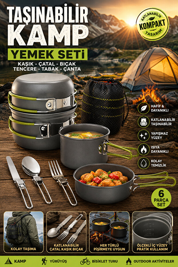 Foldable Camping Cookware Set | Stainless Steel Non-Stick Camping Cooking Set | Fork Spoon Knife Cookware Set with Carrying Bag