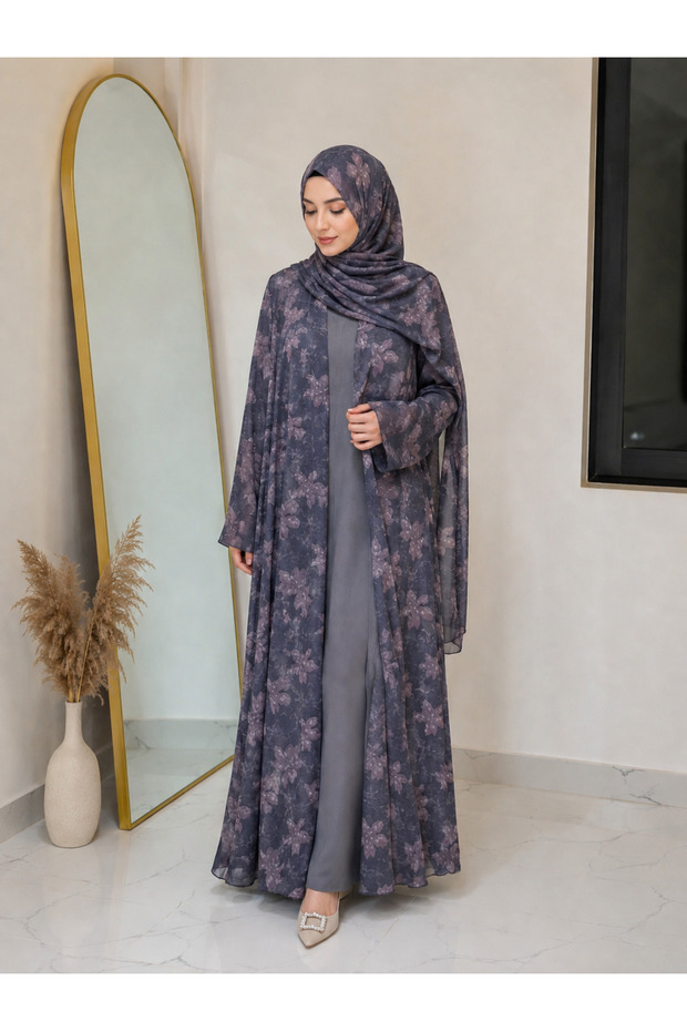 Floral printed double layer chiffon Abaya&Hijab