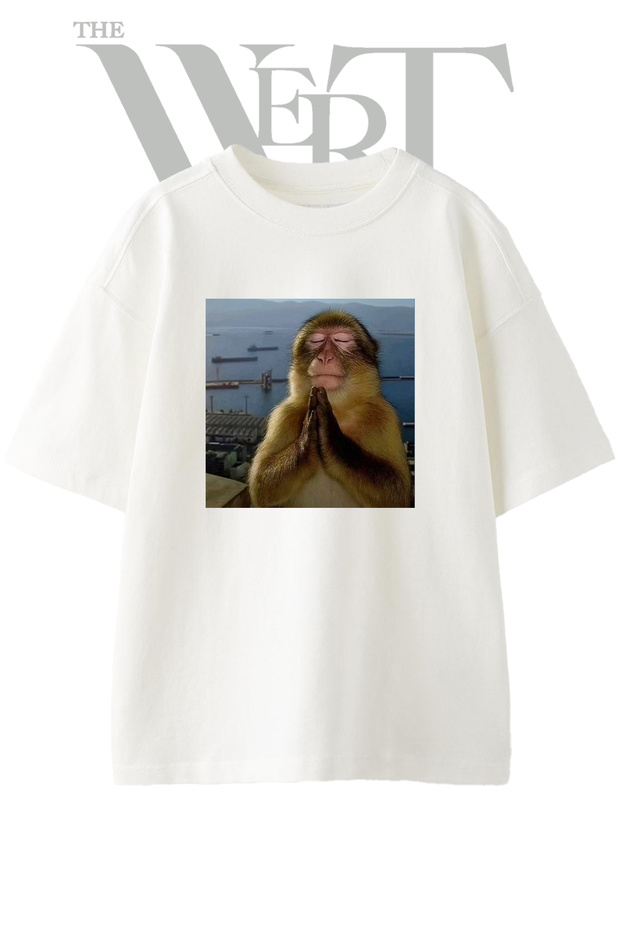Monkey Praying Design Printed Unisex White Oversize T-Shirt