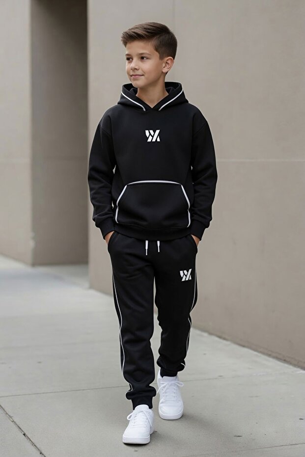 Black Boy's Hooded Tracksuit Set with Kangaroo Pockets and Stripe Detail 24615