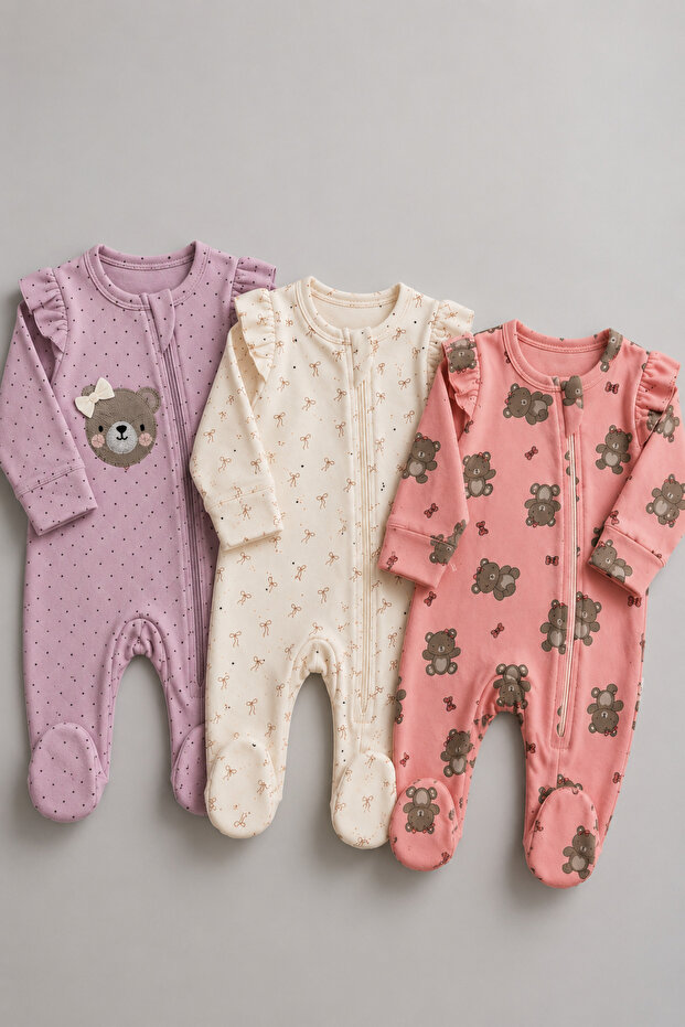 3-Piece Ruffle Shoulder Zippered Baby Romper Set – 100% Cotton Newborn Romper 0-3 Months