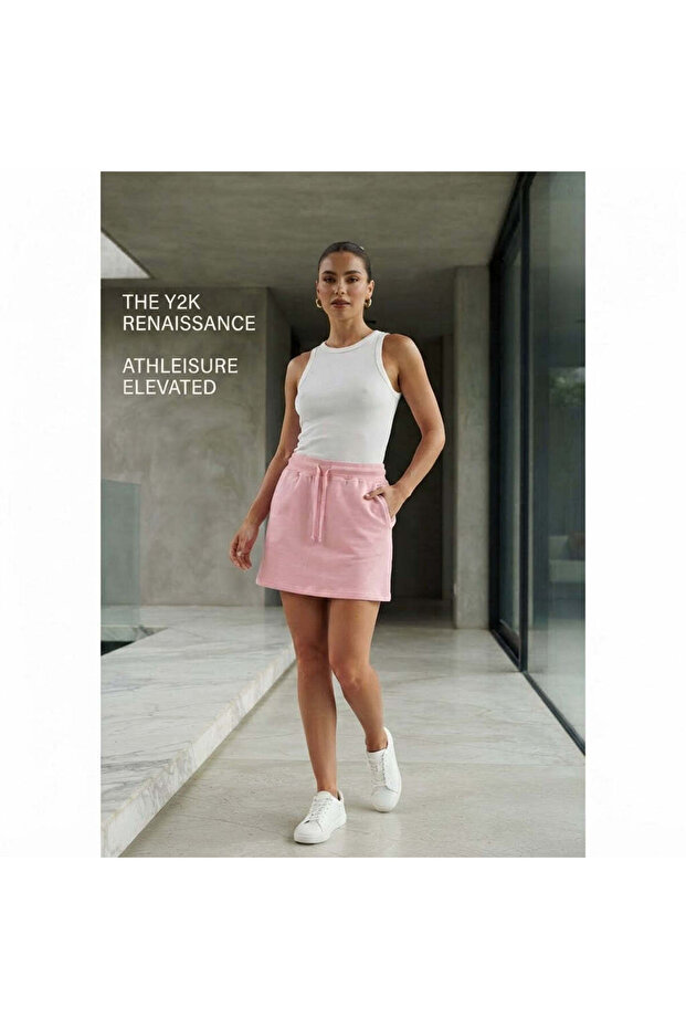 Pastel Pink Jersey Drawstring Mini Skirt with Pockets