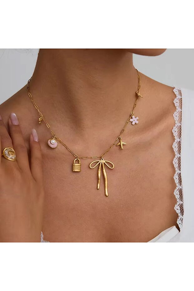Steel Bow Charm Necklace, Detailed Airplane and Lock Figured Chain Necklace