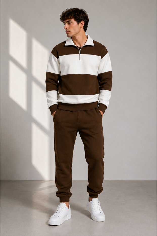 New Season Men's Oversize Zippered Collar Detailed Bottom-Top Tracksuit Set - 3 Thread Combed Cotton Fabric Casual Premium Sports Set