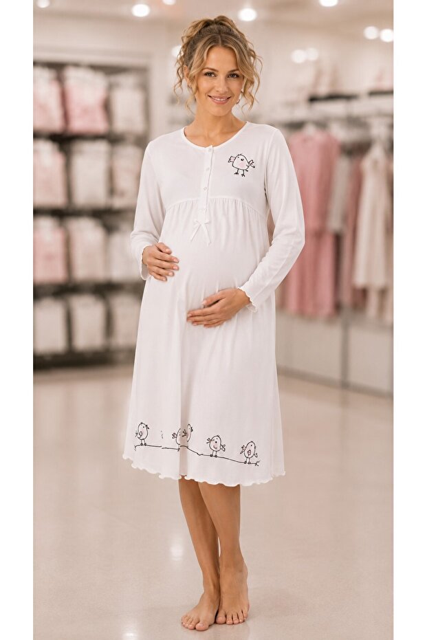 Long Sleeved Front Half Buttoned Maternity Nightgown