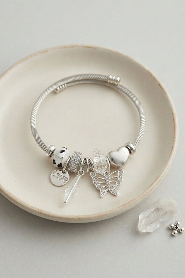 Bracelet with Stone Butterfly and White Charm -
