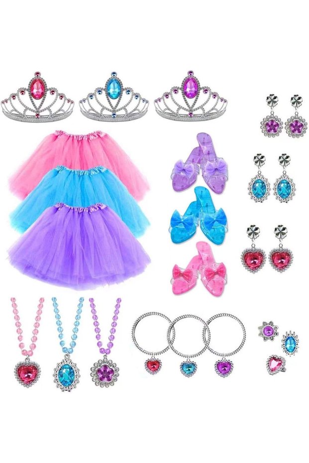Girl Exquisite Princess Set, 3 Dresses, Shoes, Tiara & Princess Accessories - Cosplay Gift for Birthday