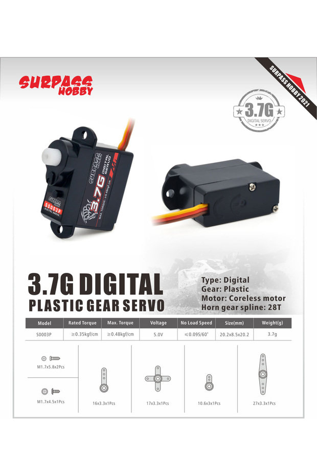 S0003P 3.7g Surpass Hobby 2g 3.7g 4.3g 6g 8g Micro Digital Mini Servo Metal and Plastic Gear for Rc