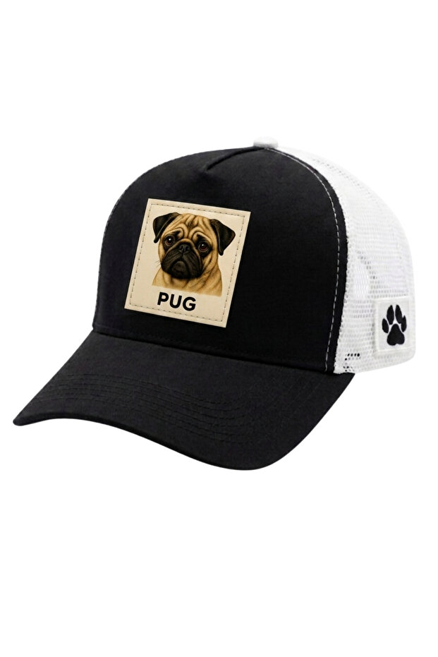 Pug Dog Printed Patch Detailed Mesh Trucker Baseball Cap Unisex