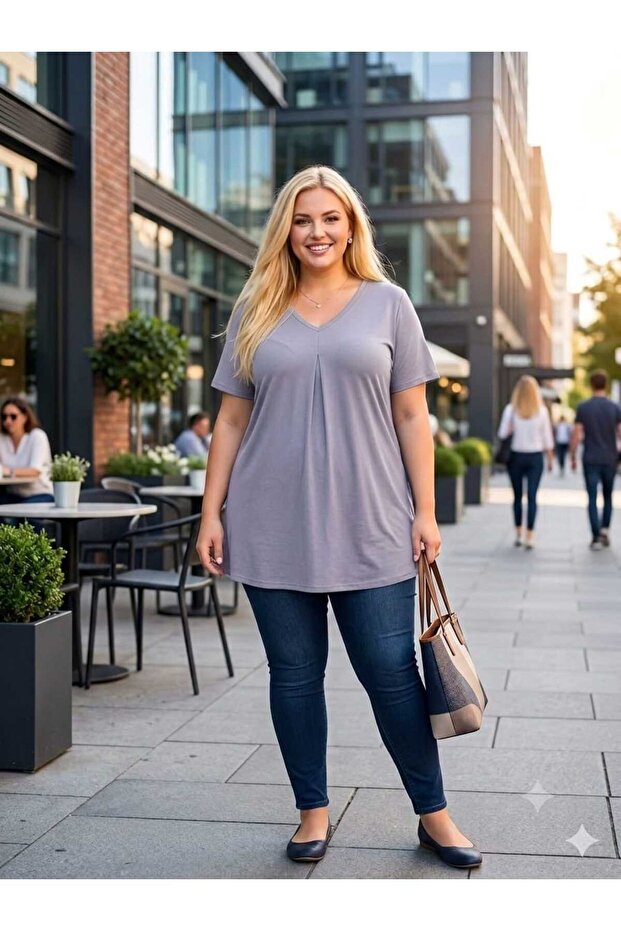 Plus Size V-Neck Loose Fit Soft Buttoned Lycra Blouse