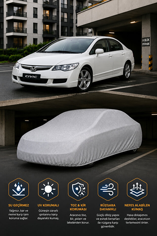 Honda Civic Fd6 Sedan Car Cover 2006-2012 Compatible Waterproof Uv Resistant Elastic Full Protection Gray Tarpaulin